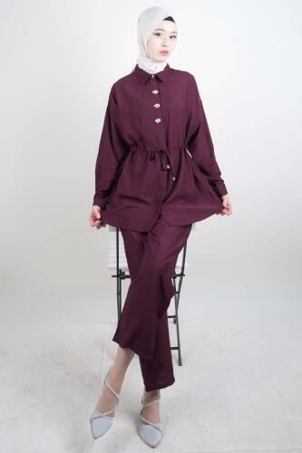 Tesettür Takım Taş Düğmeli Bel Tünelli İkili Takım Mürdüm - 03Kız Kulesi Teks