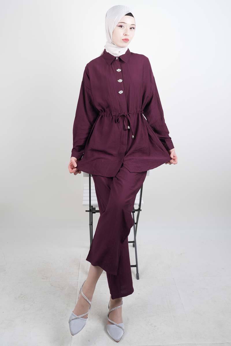 Tesettür Takım Taş Düğmeli Bel Tünelli İkili Takım Mürdüm - 1