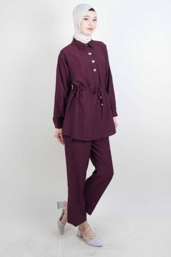 Tesettür Takım Taş Düğmeli Bel Tünelli İkili Takım Mürdüm - 03Kız Kulesi Teks (1)
