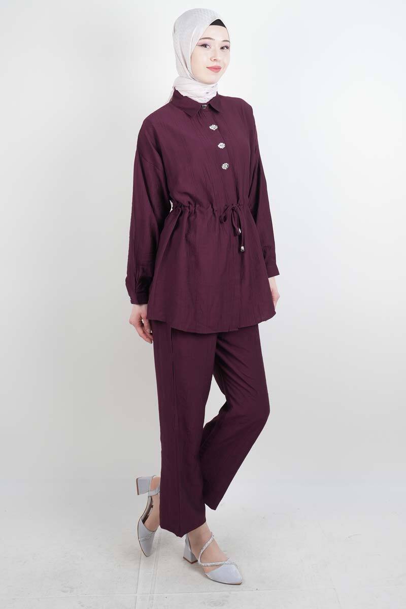 Tesettür Takım Taş Düğmeli Bel Tünelli İkili Takım Mürdüm - 2
