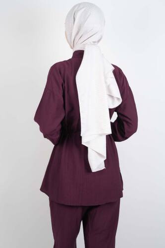 Tesettür Takım Taş Düğmeli Bel Tünelli İkili Takım Mürdüm - 3