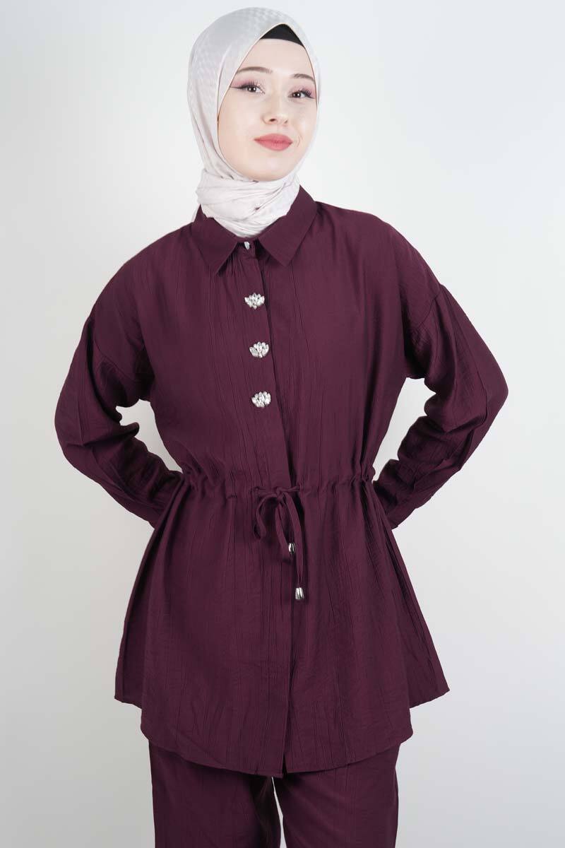 Tesettür Takım Taş Düğmeli Bel Tünelli İkili Takım Mürdüm - 4