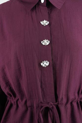 Tesettür Takım Taş Düğmeli Bel Tünelli İkili Takım Mürdüm - 5