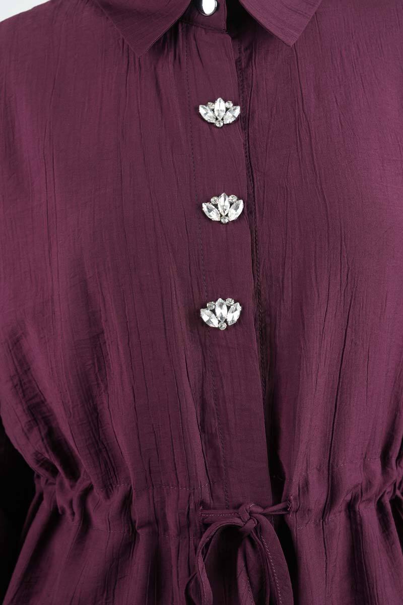 Tesettür Takım Taş Düğmeli Bel Tünelli İkili Takım Mürdüm - 5