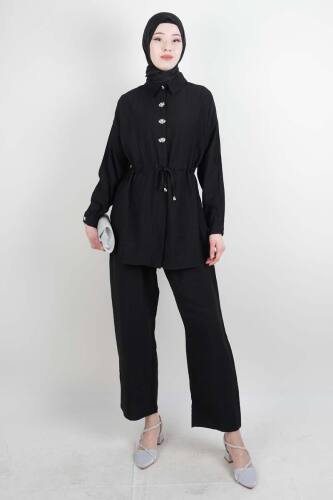 Tesettür Takım Taş Düğmeli Bel Tünelli İkili Takım Siyah - 03Kız Kulesi Teks