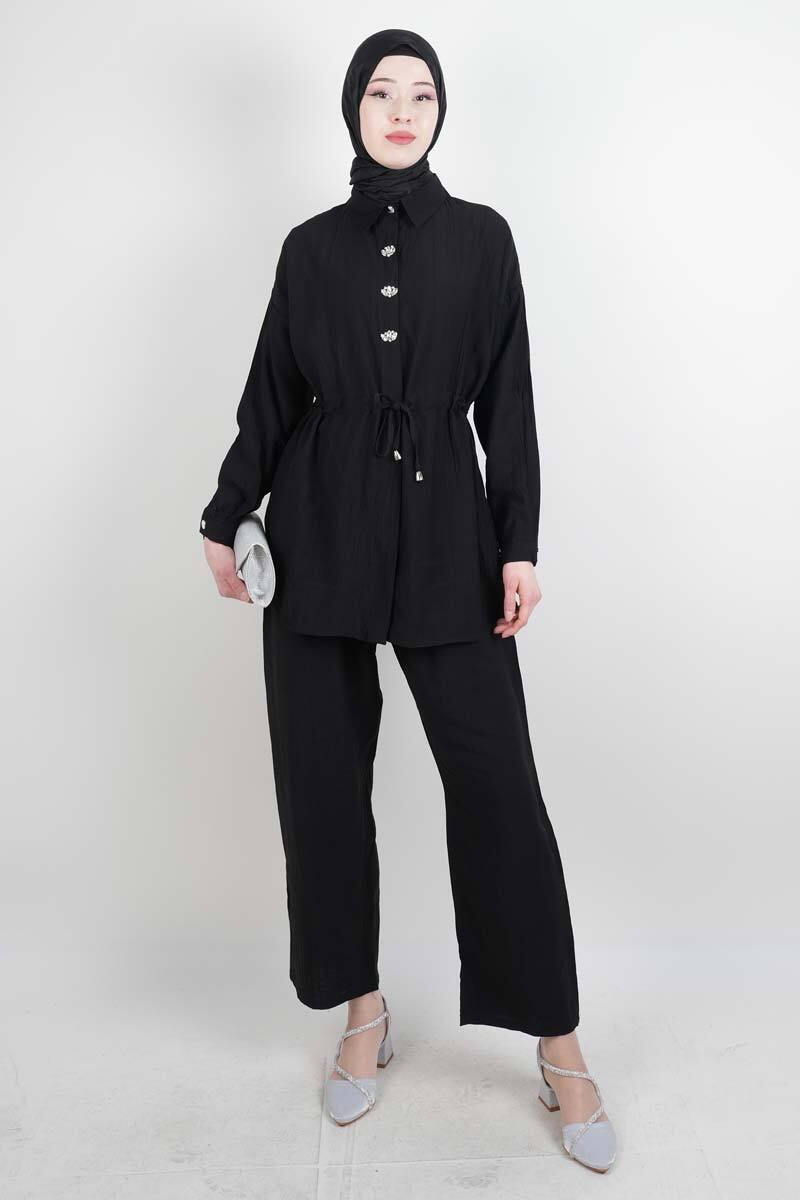Tesettür Takım Taş Düğmeli Bel Tünelli İkili Takım Siyah - 1