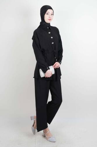 Tesettür Takım Taş Düğmeli Bel Tünelli İkili Takım Siyah - 03Kız Kulesi Teks (1)