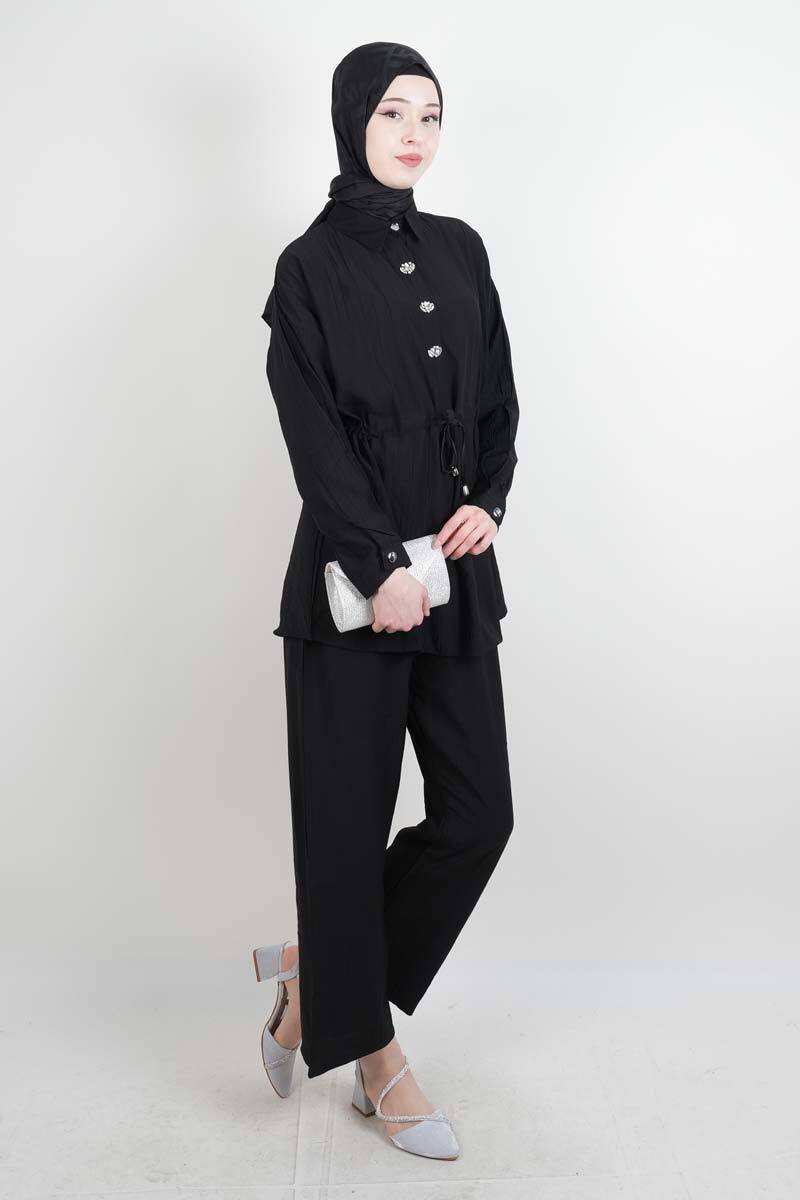 Tesettür Takım Taş Düğmeli Bel Tünelli İkili Takım Siyah - 2