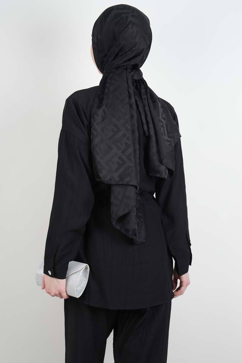 Tesettür Takım Taş Düğmeli Bel Tünelli İkili Takım Siyah - 3