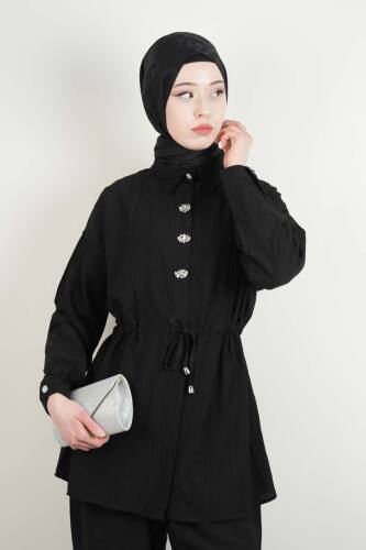 Tesettür Takım Taş Düğmeli Bel Tünelli İkili Takım Siyah - 4