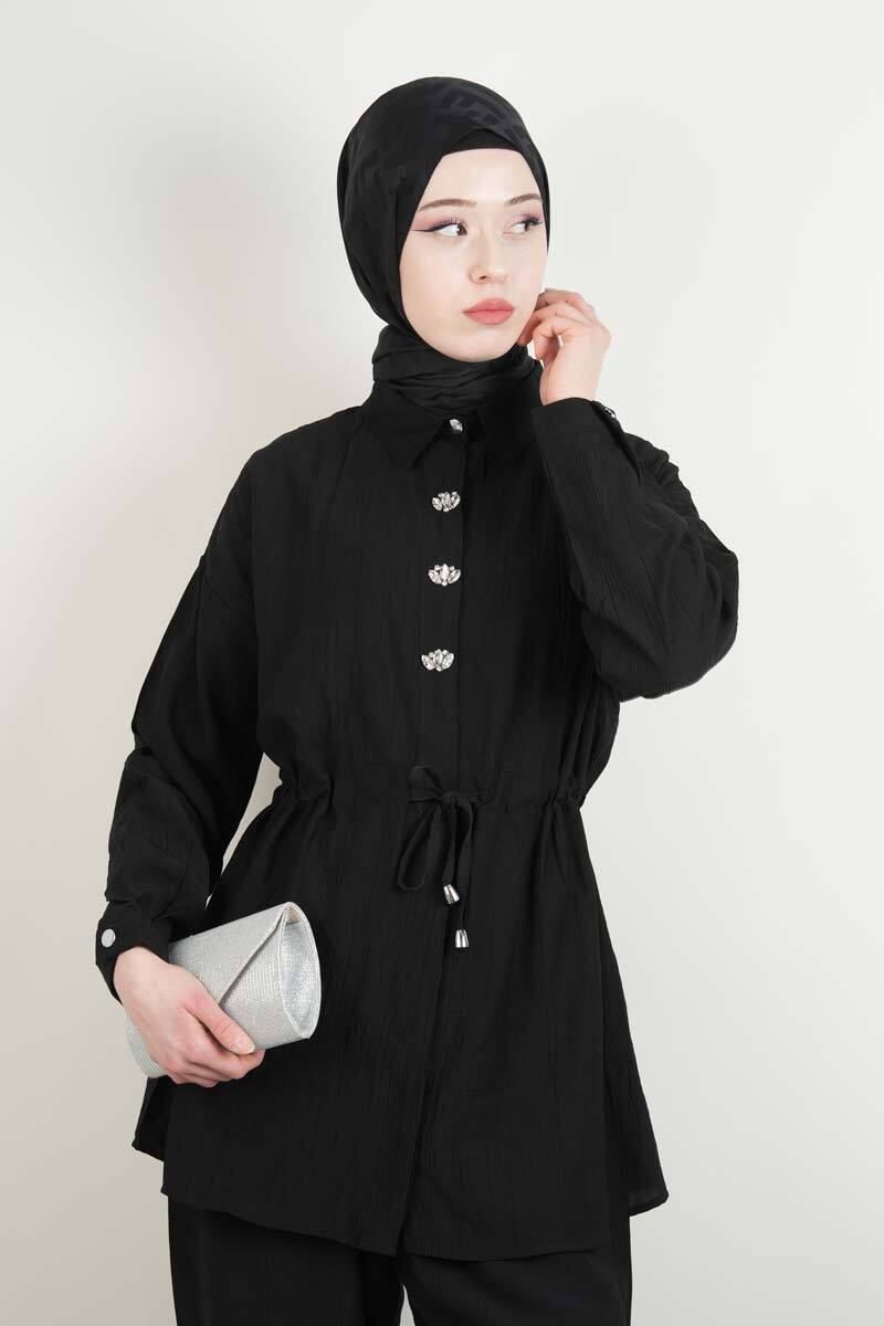 Tesettür Takım Taş Düğmeli Bel Tünelli İkili Takım Siyah - 4