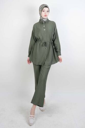 Tesettür Takım Taş Düğmeli Bel Tünelli İkili Takım Yeşil - 03Kız Kulesi Teks