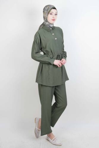 Tesettür Takım Taş Düğmeli Bel Tünelli İkili Takım Yeşil - 03Kız Kulesi Teks (1)