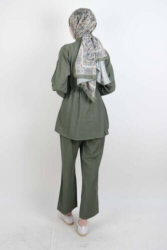 Tesettür Takım Taş Düğmeli Bel Tünelli İkili Takım Yeşil - 3