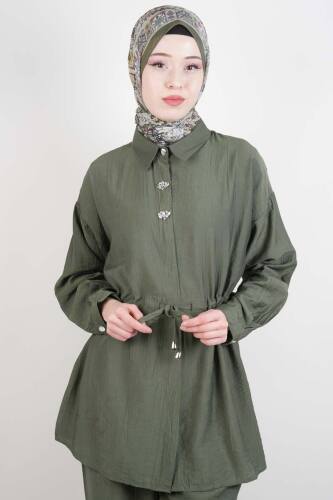 Tesettür Takım Taş Düğmeli Bel Tünelli İkili Takım Yeşil - 4