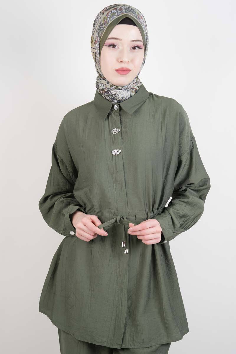 Tesettür Takım Taş Düğmeli Bel Tünelli İkili Takım Yeşil - 4