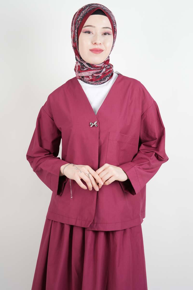 Tesettür Takım Tek Cep Detaylı Poplin Etekli 2'li Takım Bordo - 4