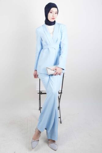 Tesettür Takım Tek Düğmeli Yaka Kıvrık Blazer İkili Takım Mavi - 03Kız Kulesi Teks