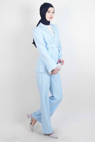 Tesettür Takım Tek Düğmeli Yaka Kıvrık Blazer İkili Takım Mavi - 03Kız Kulesi Teks (1)