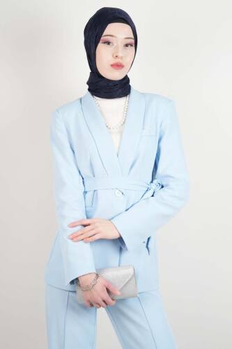 Tesettür Takım Tek Düğmeli Yaka Kıvrık Blazer İkili Takım Mavi - 4