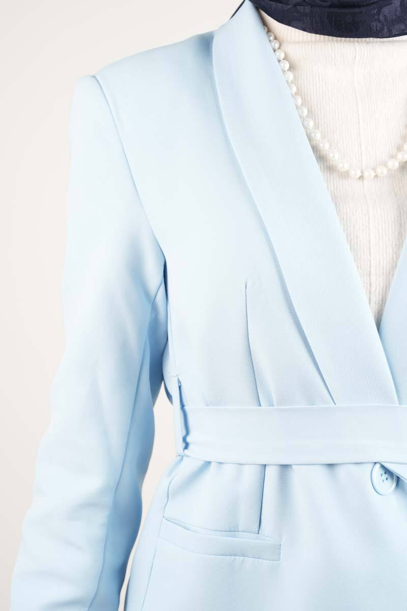 Tesettür Takım Tek Düğmeli Yaka Kıvrık Blazer İkili Takım Mavi - 5