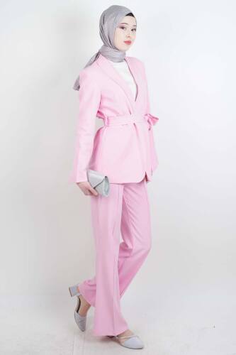 Tesettür Takım Tek Düğmeli Yaka Kıvrık Blazer İkili Takım Pembe - 03Kız Kulesi Teks (1)