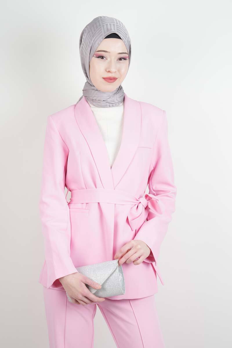 Tesettür Takım Tek Düğmeli Yaka Kıvrık Blazer İkili Takım Pembe - 4