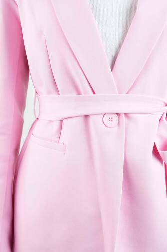Tesettür Takım Tek Düğmeli Yaka Kıvrık Blazer İkili Takım Pembe - 5