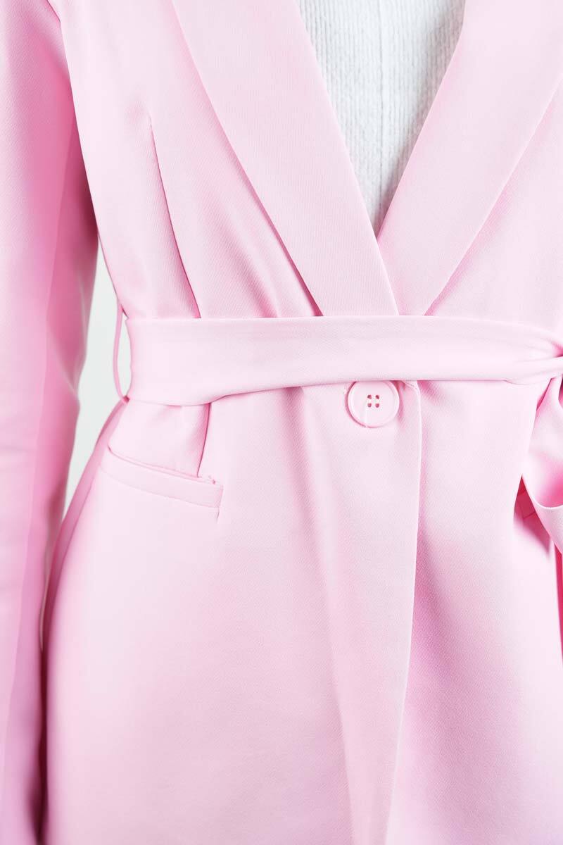 Tesettür Takım Tek Düğmeli Yaka Kıvrık Blazer İkili Takım Pembe - 5