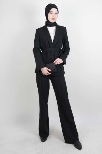 Tesettür Takım Tek Düğmeli Yaka Kıvrık Blazer İkili Takım Siyah - 03Kız Kulesi Teks