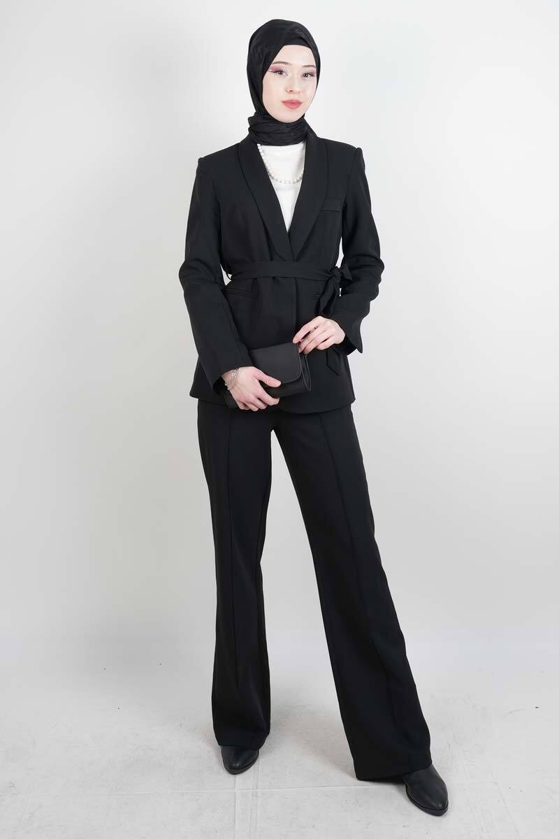 Tesettür Takım Tek Düğmeli Yaka Kıvrık Blazer İkili Takım Siyah - 1