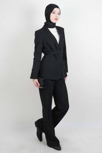 Tesettür Takım Tek Düğmeli Yaka Kıvrık Blazer İkili Takım Siyah - 03Kız Kulesi Teks (1)