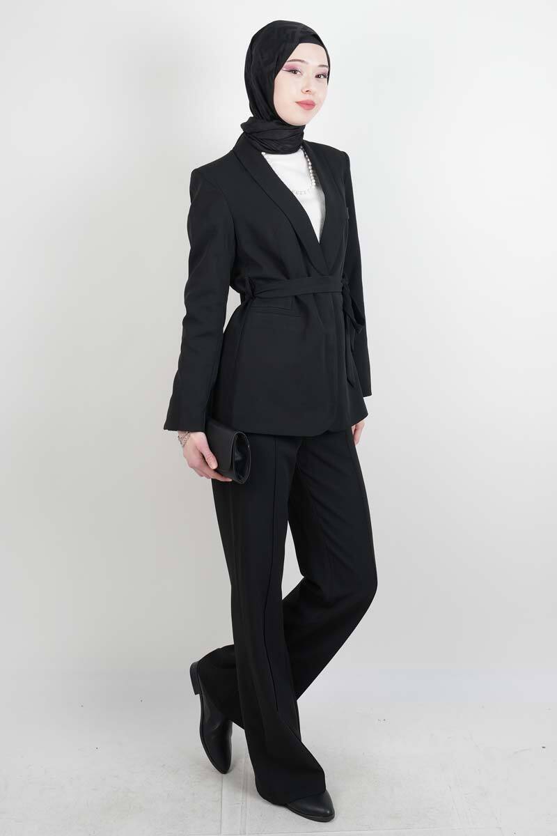 Tesettür Takım Tek Düğmeli Yaka Kıvrık Blazer İkili Takım Siyah - 2