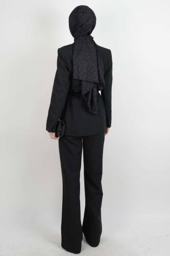 Tesettür Takım Tek Düğmeli Yaka Kıvrık Blazer İkili Takım Siyah - 3