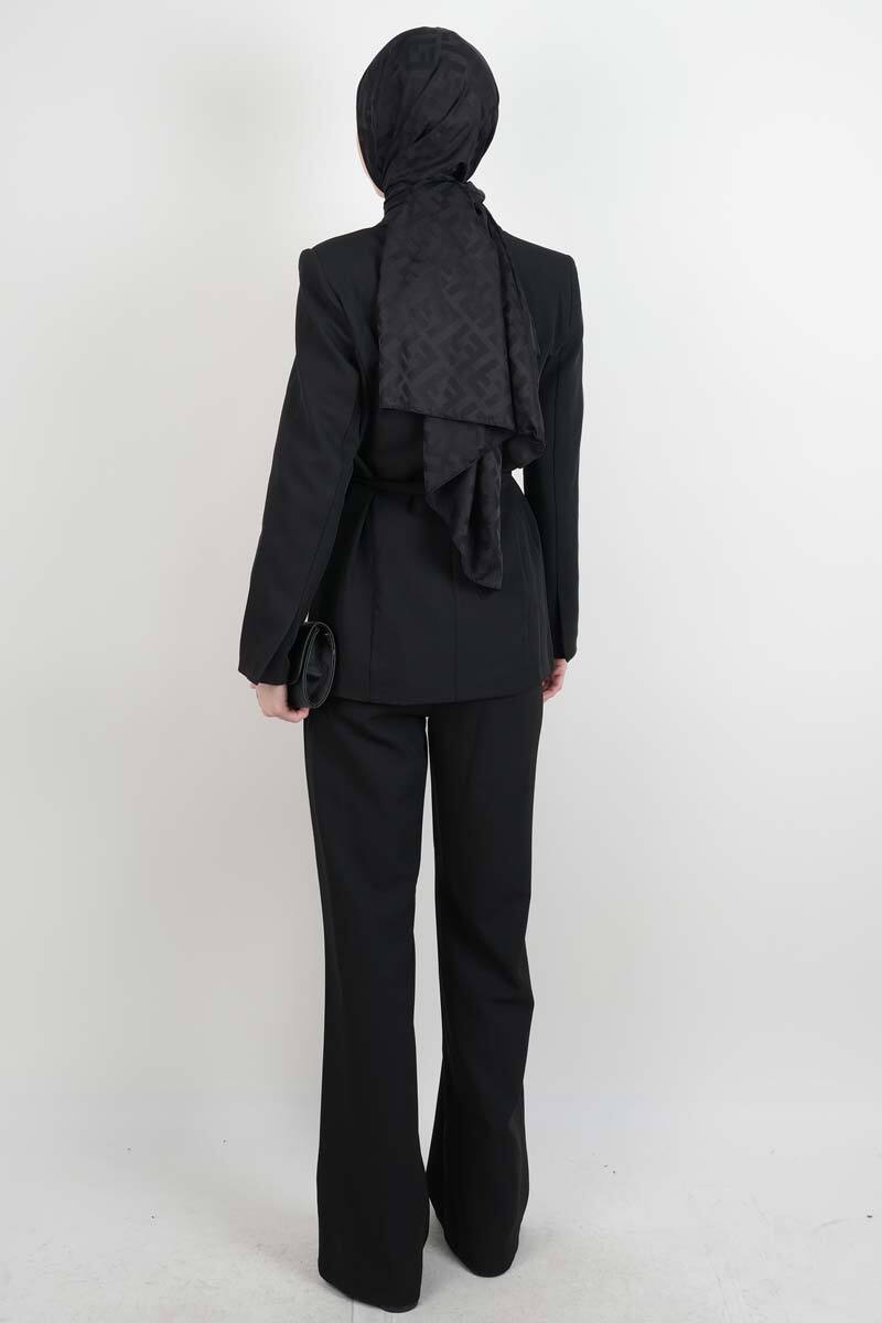 Tesettür Takım Tek Düğmeli Yaka Kıvrık Blazer İkili Takım Siyah - 3