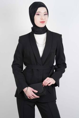 Tesettür Takım Tek Düğmeli Yaka Kıvrık Blazer İkili Takım Siyah - 4