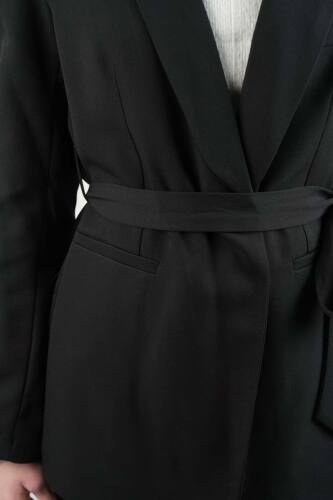 Tesettür Takım Tek Düğmeli Yaka Kıvrık Blazer İkili Takım Siyah - 5