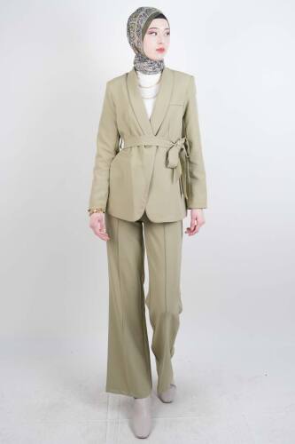 Tesettür Takım Tek Düğmeli Yaka Kıvrık Blazer İkili Takım Yeşil - 03Kız Kulesi Teks