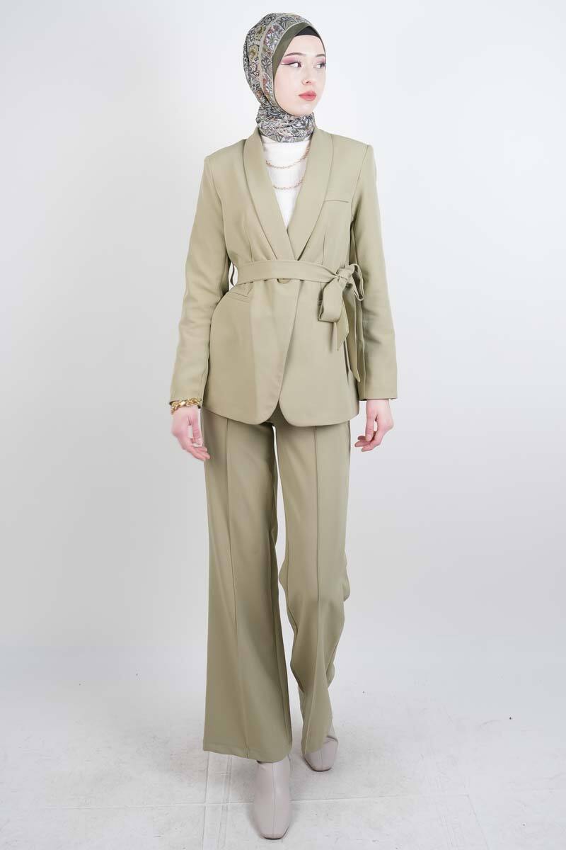 Tesettür Takım Tek Düğmeli Yaka Kıvrık Blazer İkili Takım Yeşil - 1