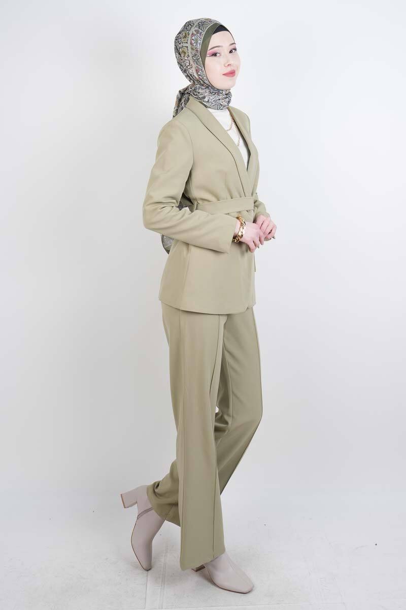 Tesettür Takım Tek Düğmeli Yaka Kıvrık Blazer İkili Takım Yeşil - 2
