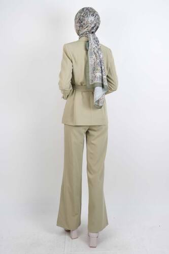 Tesettür Takım Tek Düğmeli Yaka Kıvrık Blazer İkili Takım Yeşil - 3