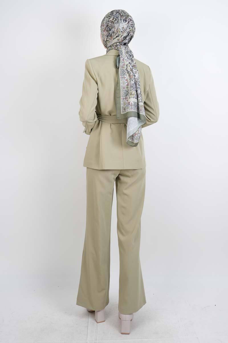 Tesettür Takım Tek Düğmeli Yaka Kıvrık Blazer İkili Takım Yeşil - 3