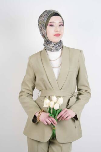 Tesettür Takım Tek Düğmeli Yaka Kıvrık Blazer İkili Takım Yeşil - 4