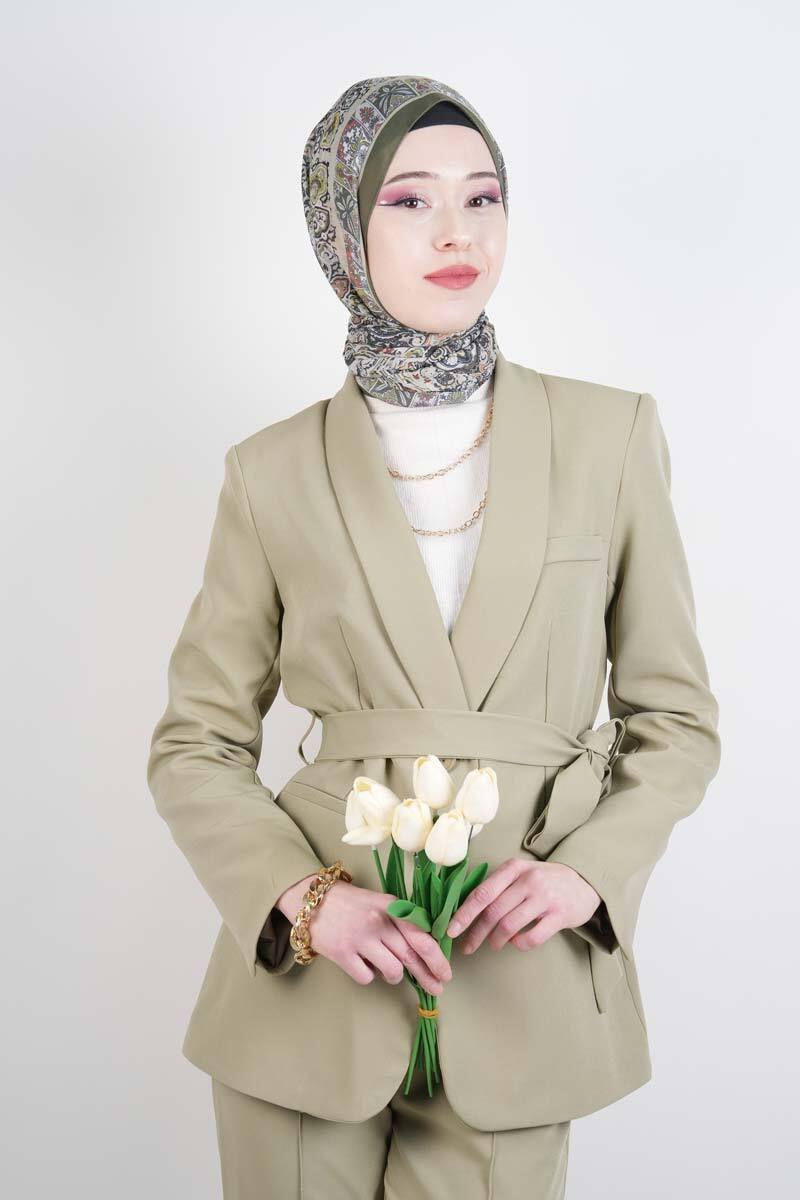 Tesettür Takım Tek Düğmeli Yaka Kıvrık Blazer İkili Takım Yeşil - 4