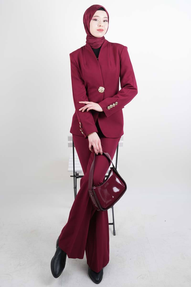 Tesettür Takım Tek Gold Düğmeli Blazer İkili Takım Bordo - 1
