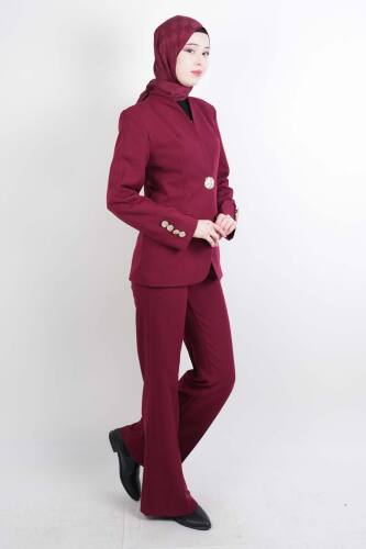 Tesettür Takım Tek Gold Düğmeli Blazer İkili Takım Bordo - 03Kız Kulesi Teks (1)