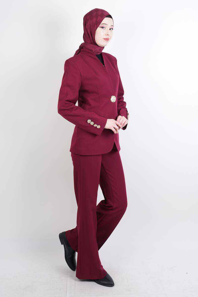 Tesettür Takım Tek Gold Düğmeli Blazer İkili Takım Bordo - 2