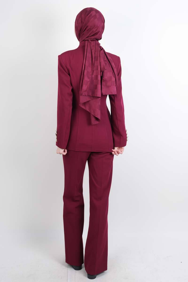 Tesettür Takım Tek Gold Düğmeli Blazer İkili Takım Bordo - 3
