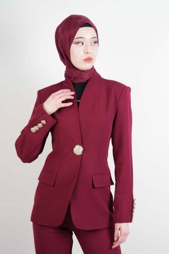Tesettür Takım Tek Gold Düğmeli Blazer İkili Takım Bordo - 4