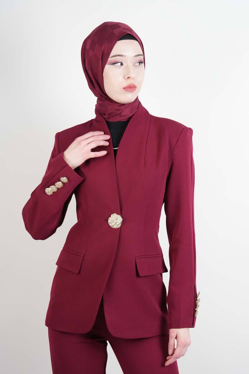Tesettür Takım Tek Gold Düğmeli Blazer İkili Takım Bordo - 4